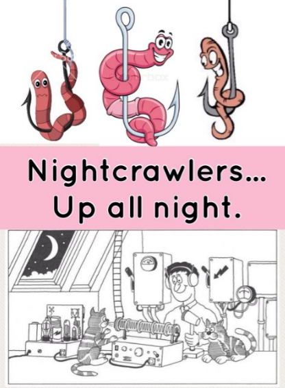 Nightcrawlers cartoon and amateur radio operator artwork reading ‘Nightcrawlers… Up all night.’