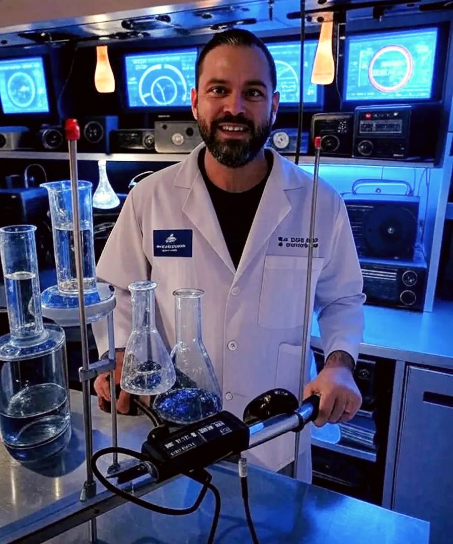 Josh KE7WIL in a white lab coat with radio equipment and laboratory glassware